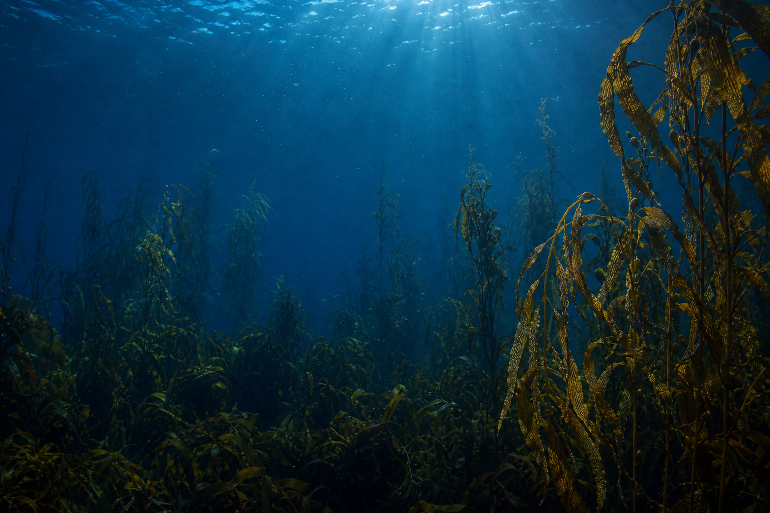 Deep-sea brown-seaweed forest with sunlight filtering through the water