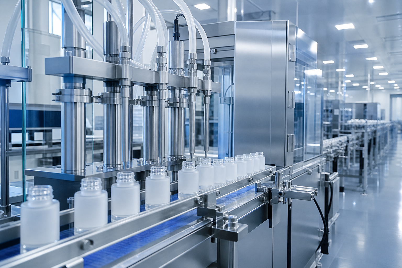 German-imported automated filling line in a clean factory / 洁净工厂内的德国进口自动灌装线