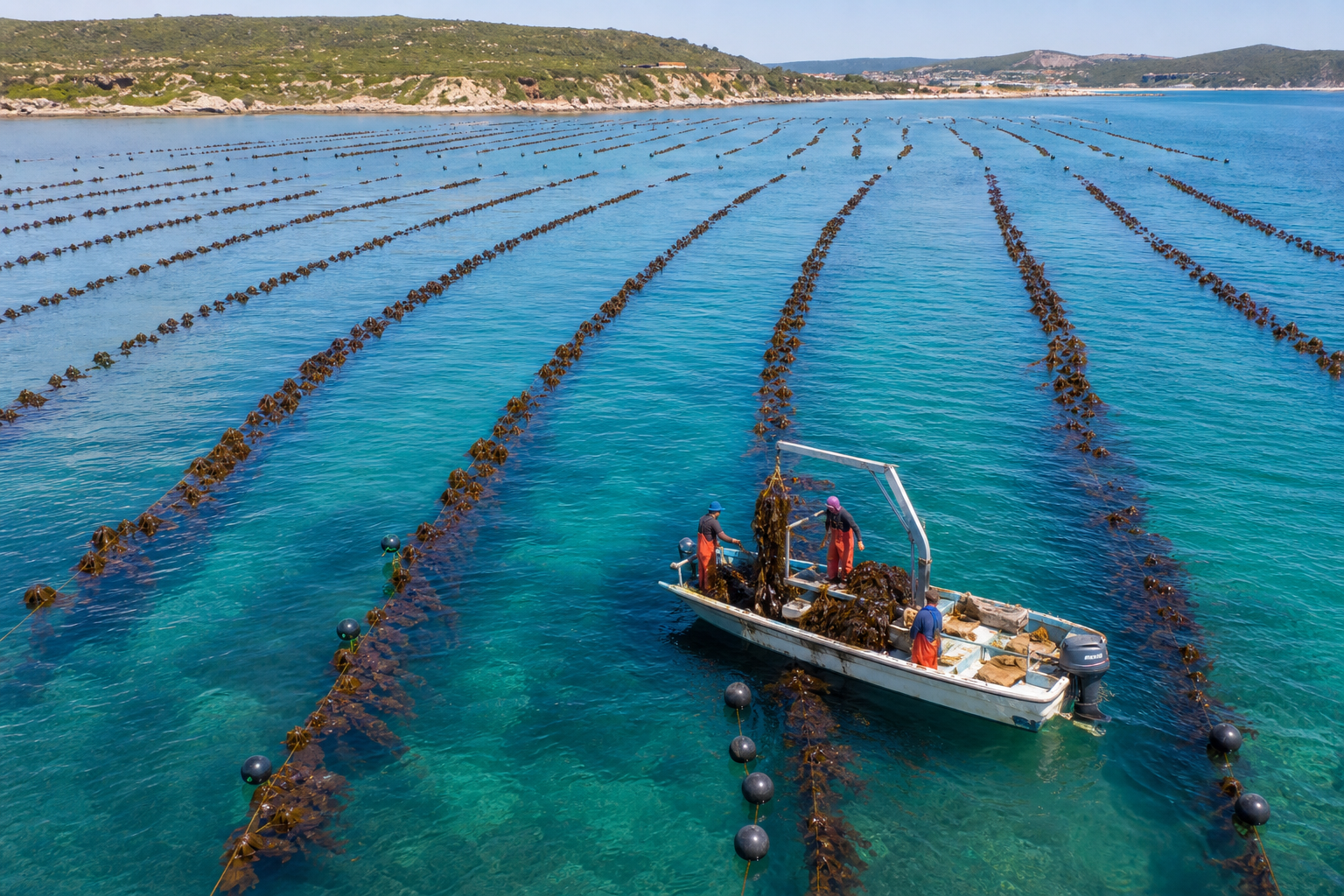 Coastal seaweed farm with long-line cultivation ropes / 海岸海藻养殖场的延绳养殖