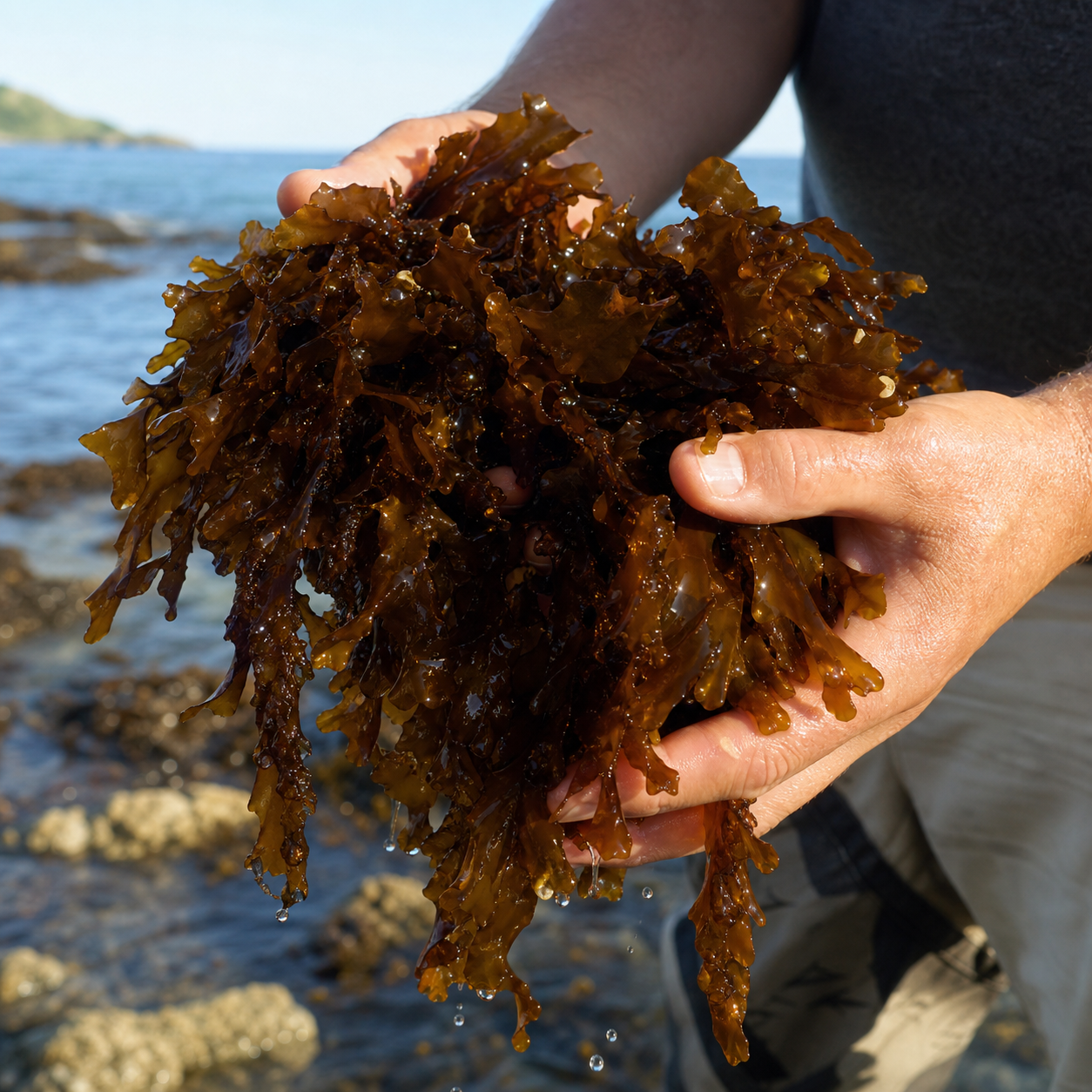 Hands holding freshly harvested brown seaweed by the sea / 海边手捧新采收的褐藻