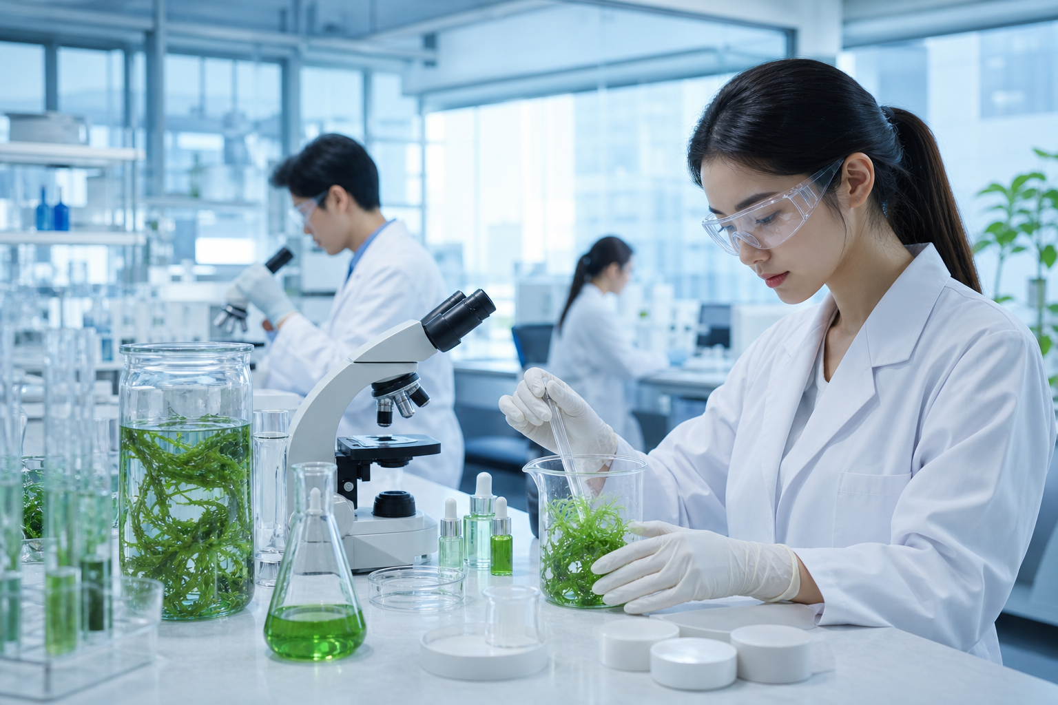 Scientists studying algae samples in the Aixi cosmetics laboratory / 爱熙化妆品实验室中研究海藻样本的科研人员