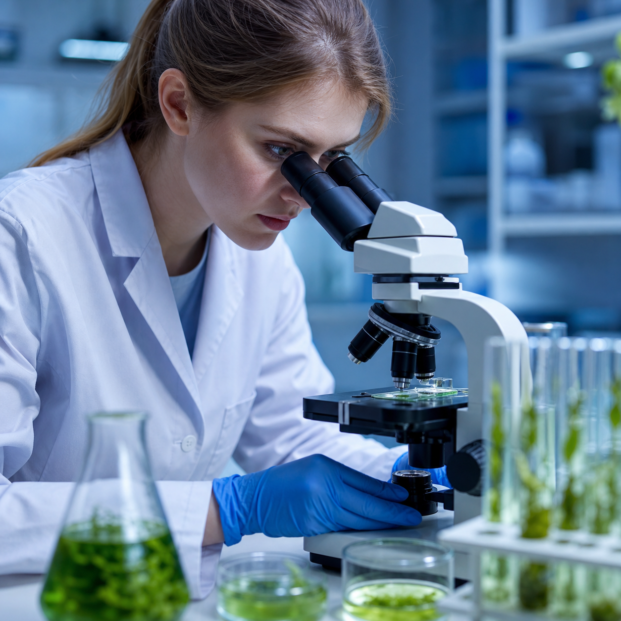 Researcher examining seaweed cells under a microscope / 显微镜下检视海藻细胞的研究员