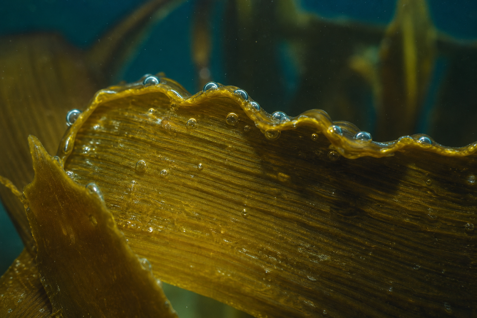 Macro photograph of a brown-algae blade with water bubbles in deep-sea light / 深海光线下褐藻叶片微距