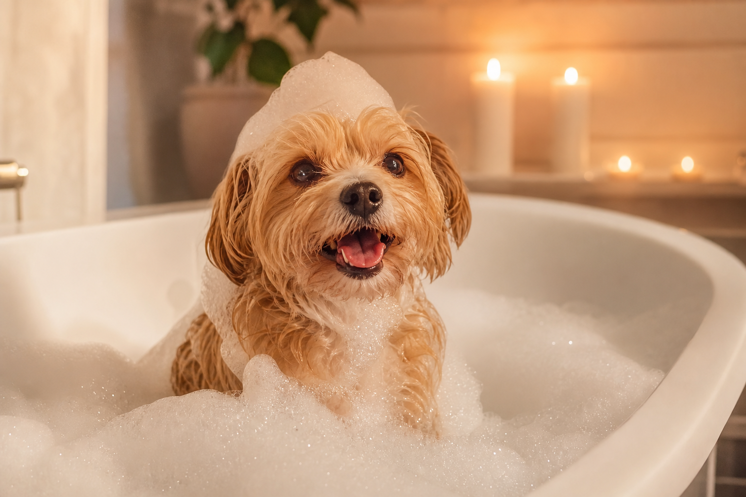 A small fluffy dog enjoying a warm, gentle bubble bath / 小狗享受温和的泡泡浴