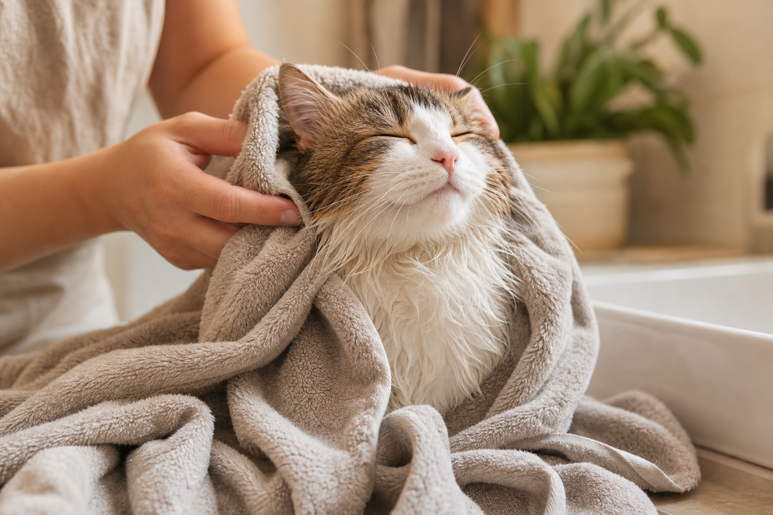 A relaxed cat being towel-dried after a bath / 洗澡后被毛巾擦干的放松猫咪