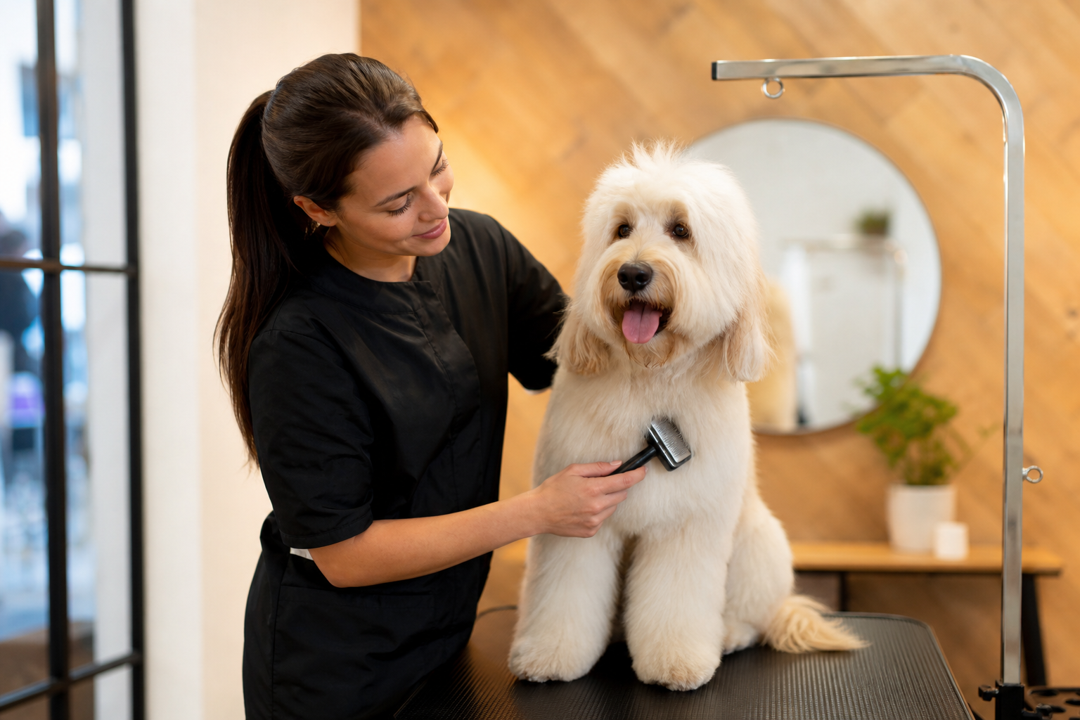 A groomer brushing a fluffy white dog / 美容师为蓬松的白色犬梳毛