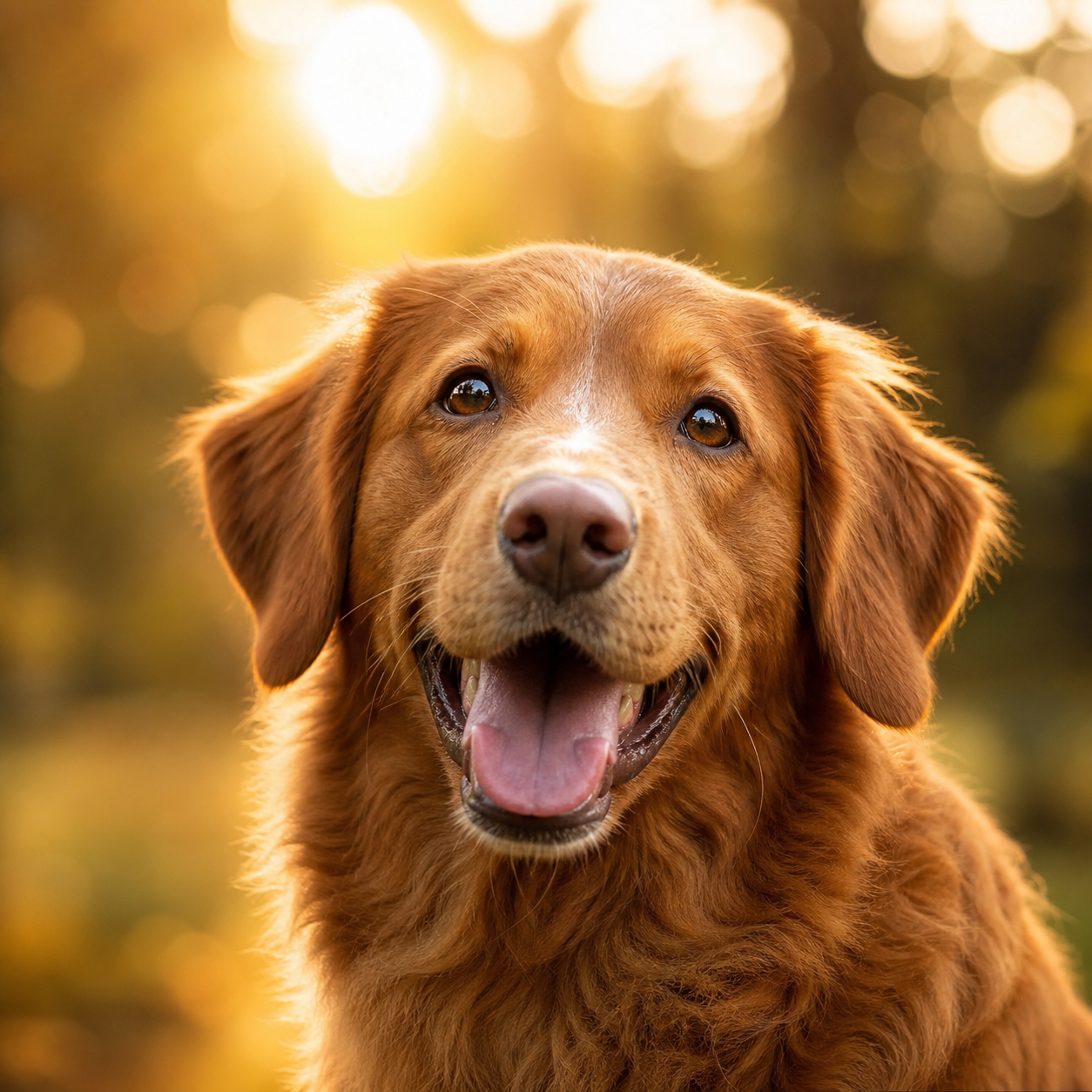 A healthy, glossy-coated golden dog smiling in warm light / 暖光下被毛健康亮泽、神情愉悦的金毛犬