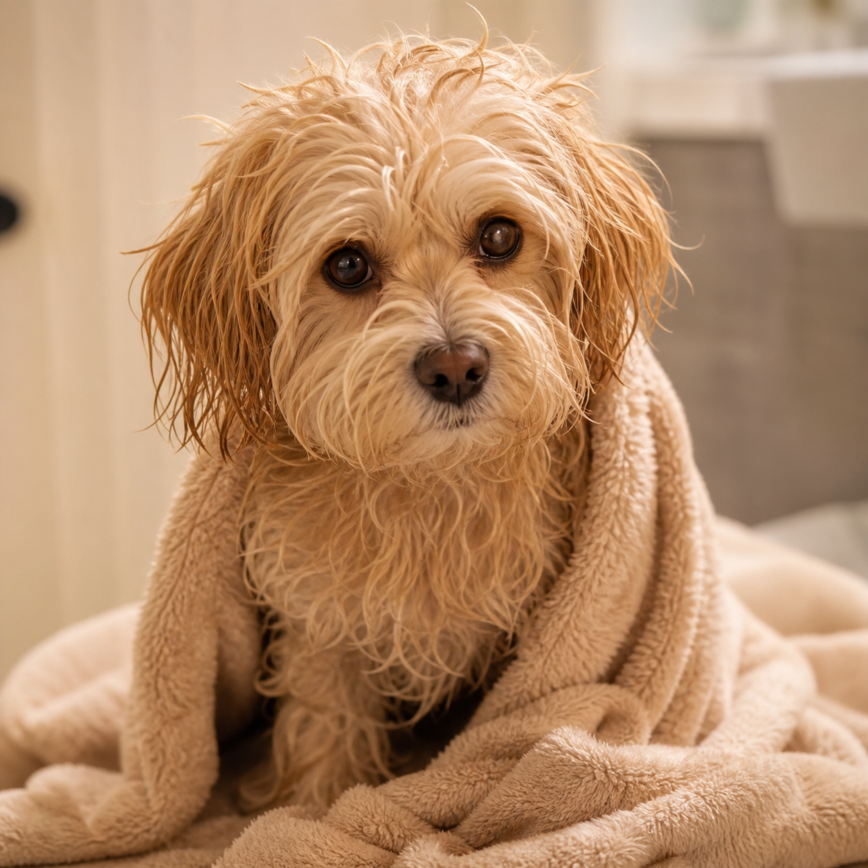 A freshly washed small dog wrapped in a soft towel / 刚洗完澡裹在柔软毛巾里的小狗
