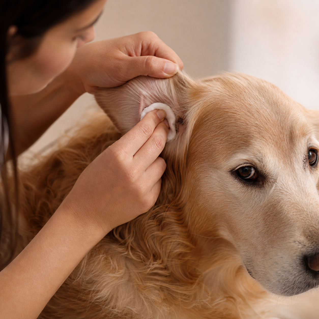 Gentle ear cleaning for a calm golden retriever / 温和为金毛犬清洁耳朵