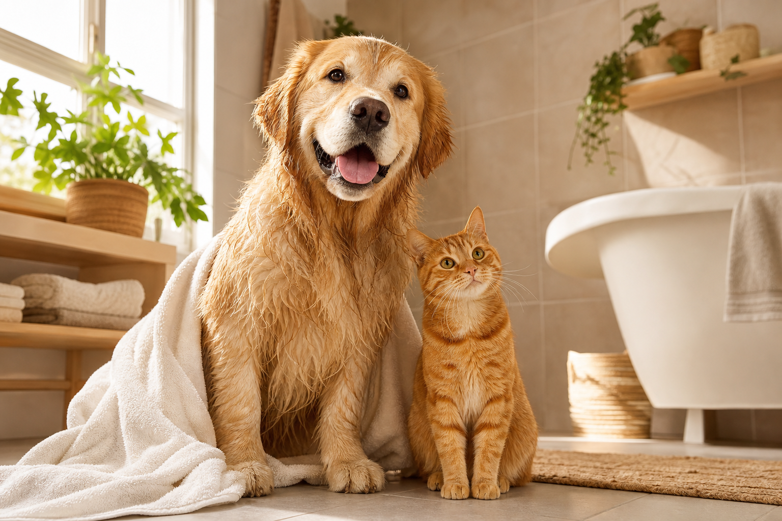 A clean, fluffy golden retriever and ginger cat after a gentle wash