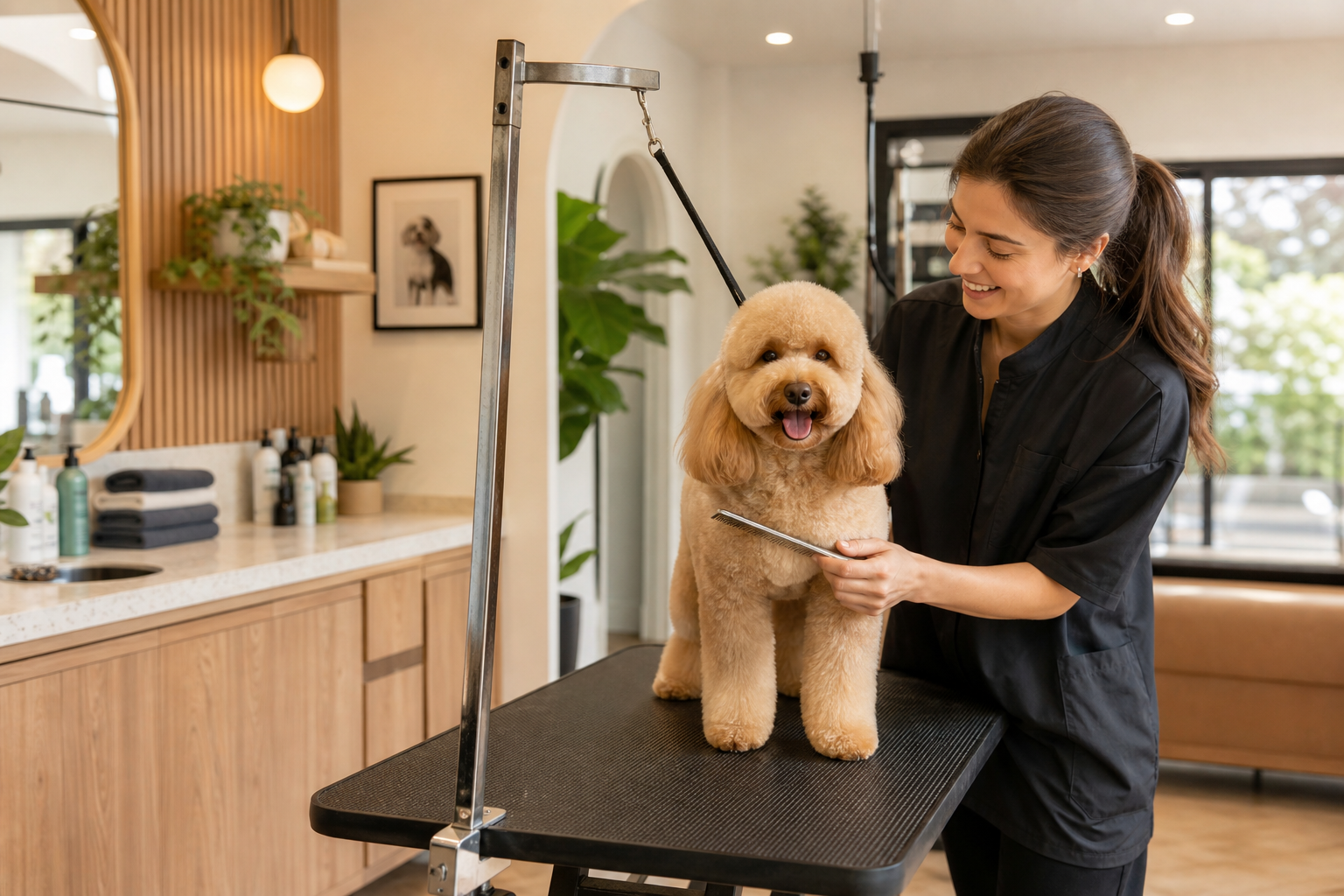 A groomer brushing a poodle on a grooming table in a salon / 美容师在沙龙为贵宾犬梳理