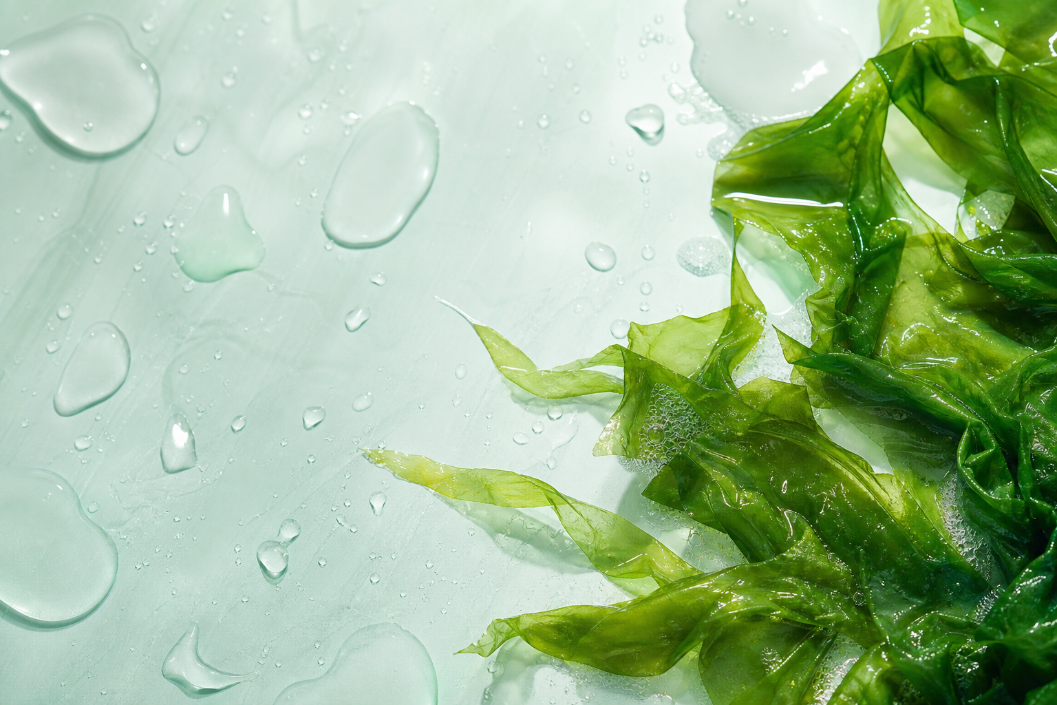 Fresh seaweed leaves and water droplets on a mint surface 薄荷色台面上的新鲜海藻与水珠