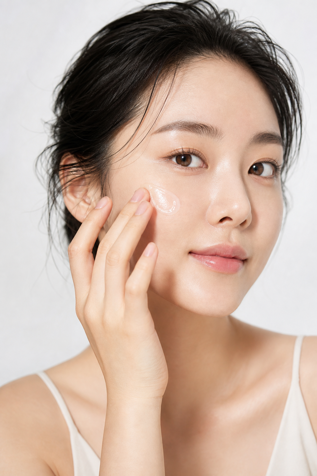 Applying cream to the cheek with fingertips 指尖将面霜涂抹于脸颊