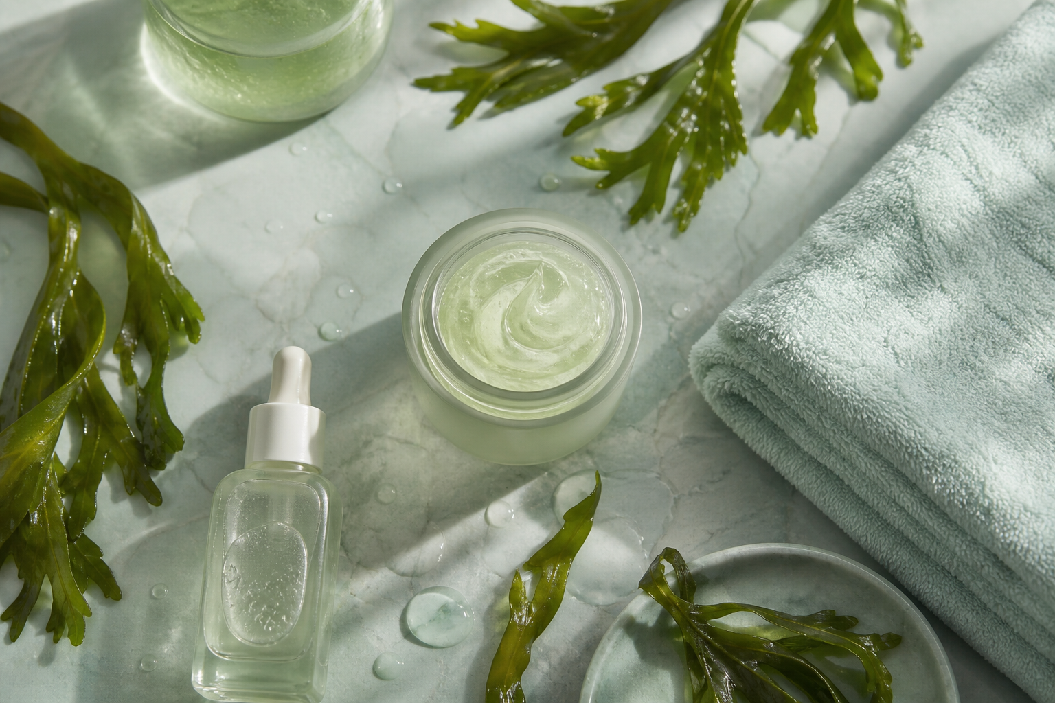 Seaweed skincare textures laid out on a stone tray 石盘上的海藻护肤质地平铺