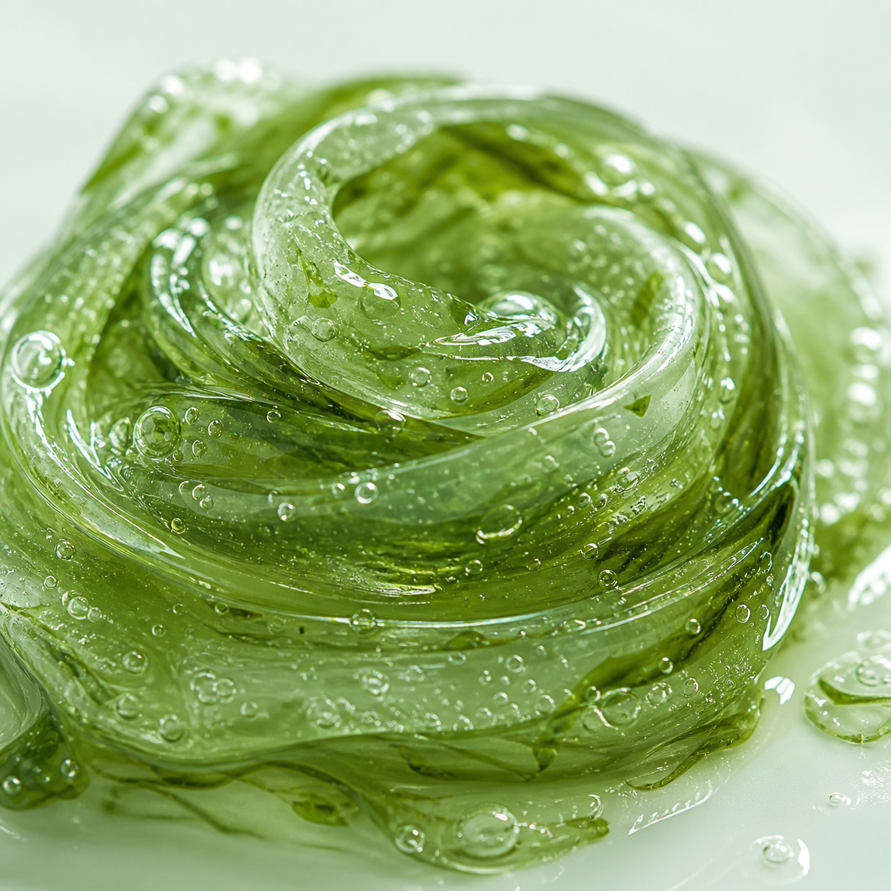Glistening green seaweed gel texture 晶莹的绿色海藻凝胶质地
