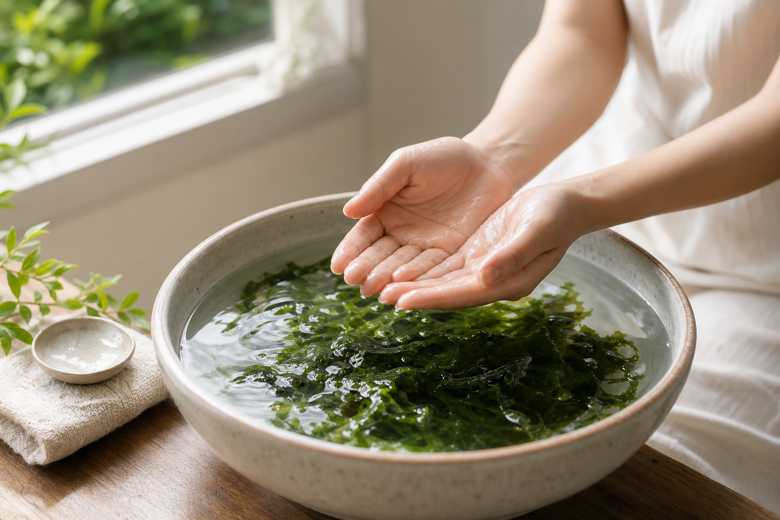 Hands cupping seaweed in a water bowl by a window 窗边以水盆捧起海藻