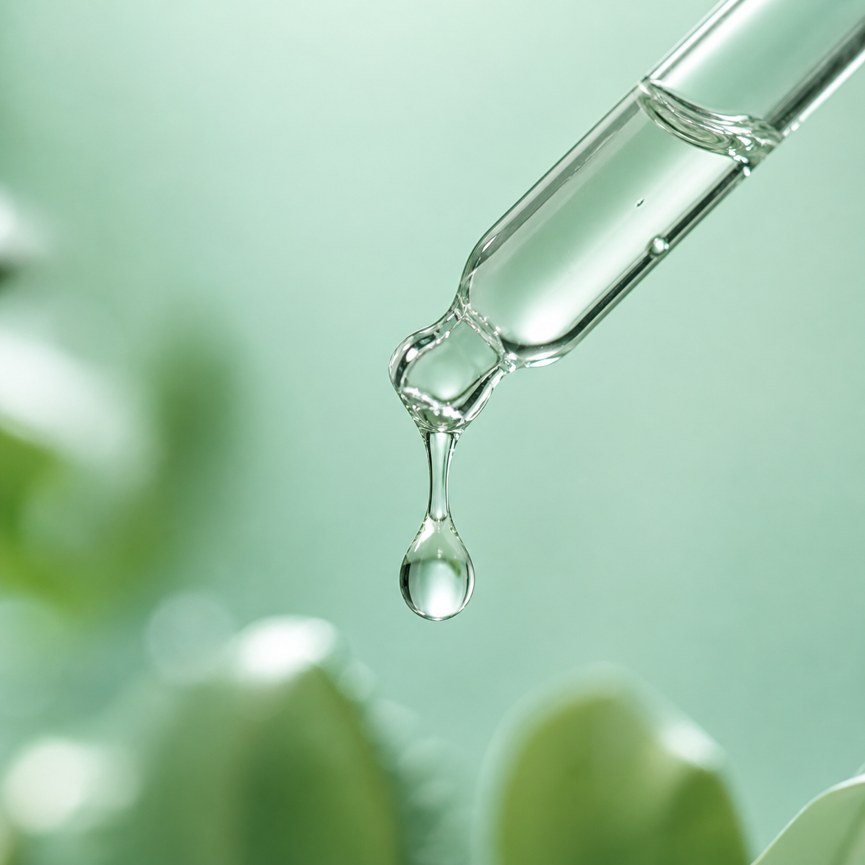 Clear toner droplet falling from a glass pipette 玻璃滴管滴落的清透精华水